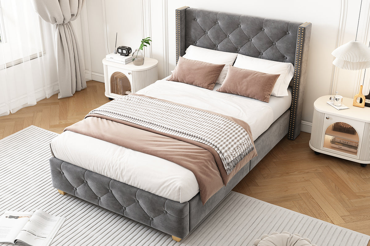 Upholstered Bed 90x200cm with Slatted Frame, Grey Velvet