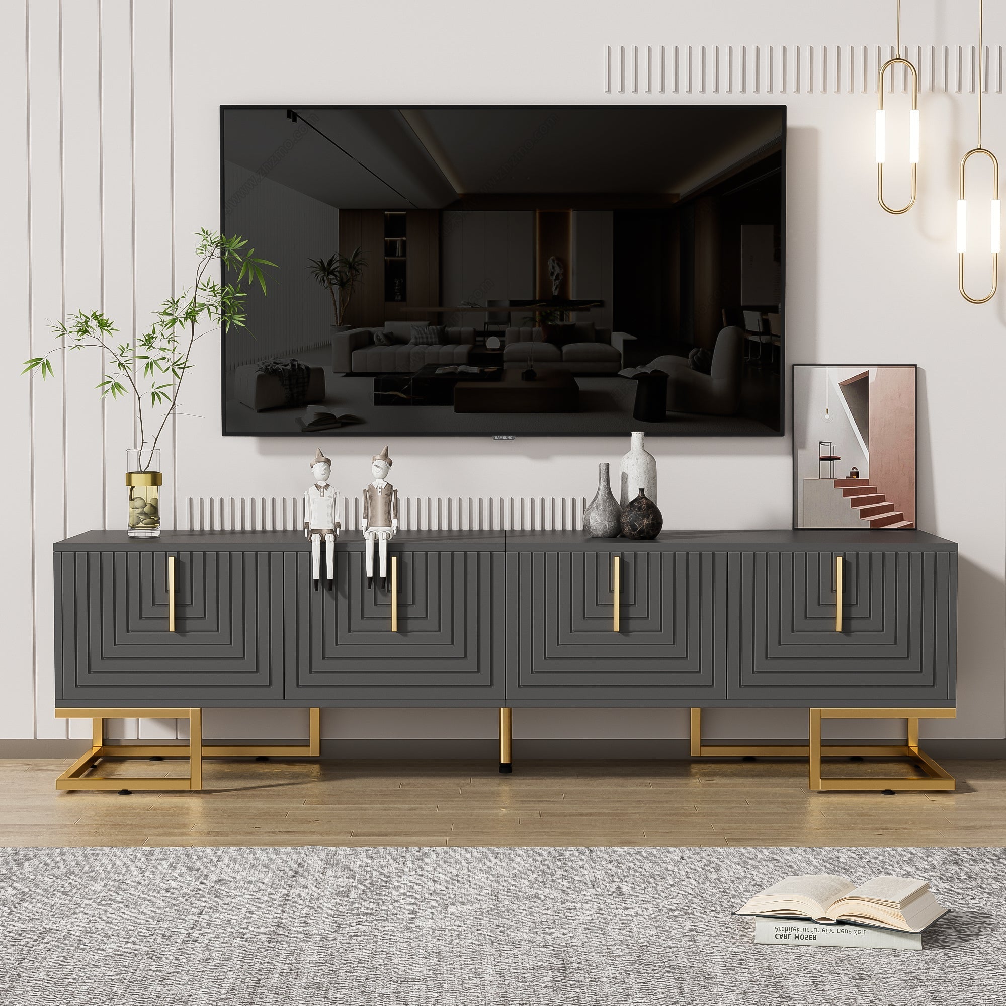 TV Lowboard Textured Door Gold Handles Gold Feet