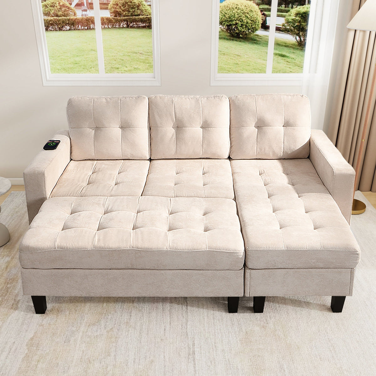 Multifunctional L-shaped Sofa Set with LED Lighting and Footstool, Modular Design