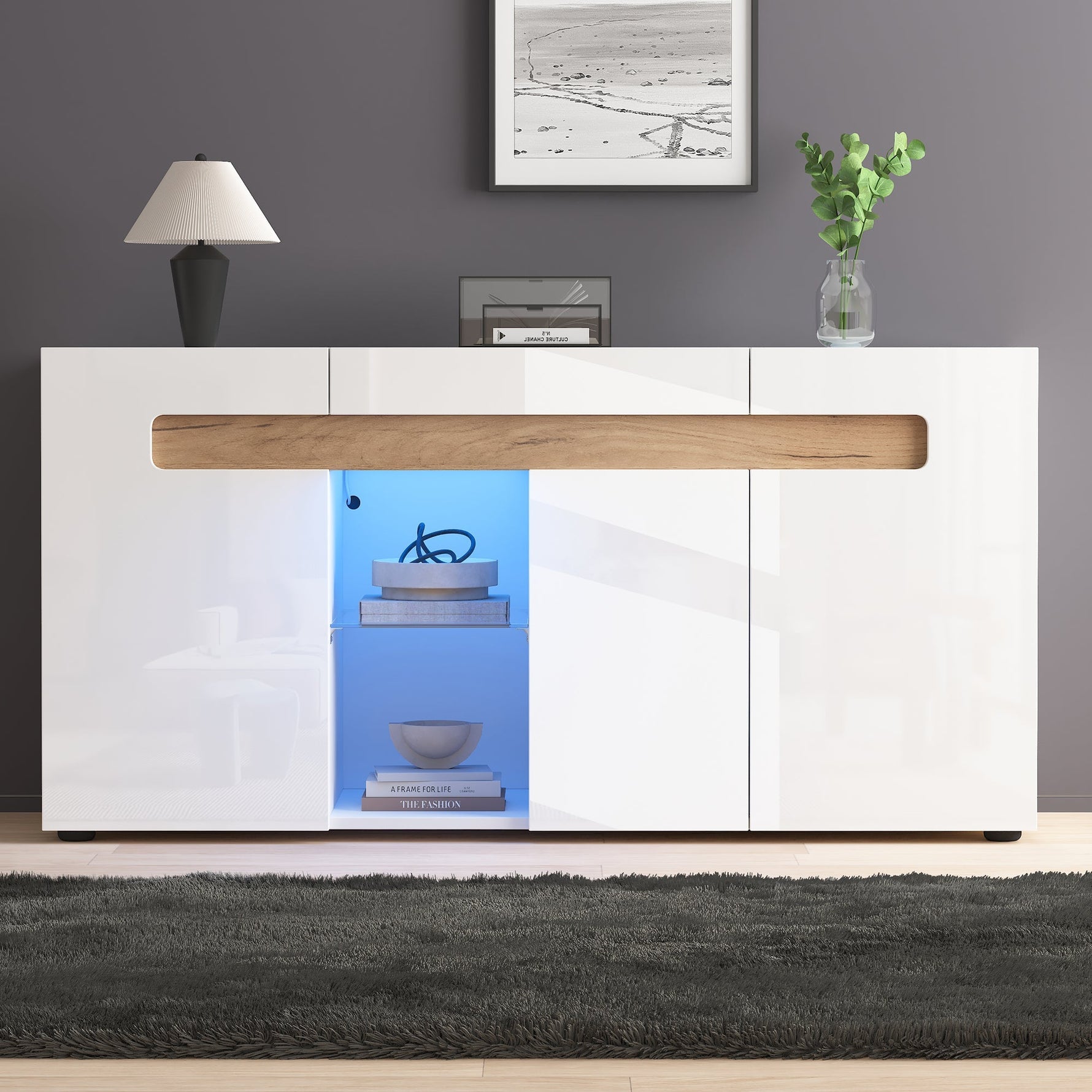 Sideboard 3-Door LED Control 140x40x70cm High-Gloss White