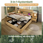 Wooden Double Bed 180x200cm, Hydraulic Storage, Headboard with USB Charging, Oak Color