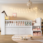 Mid-Height House Bed with Window, 4 Drawers and LED Light Strip, White