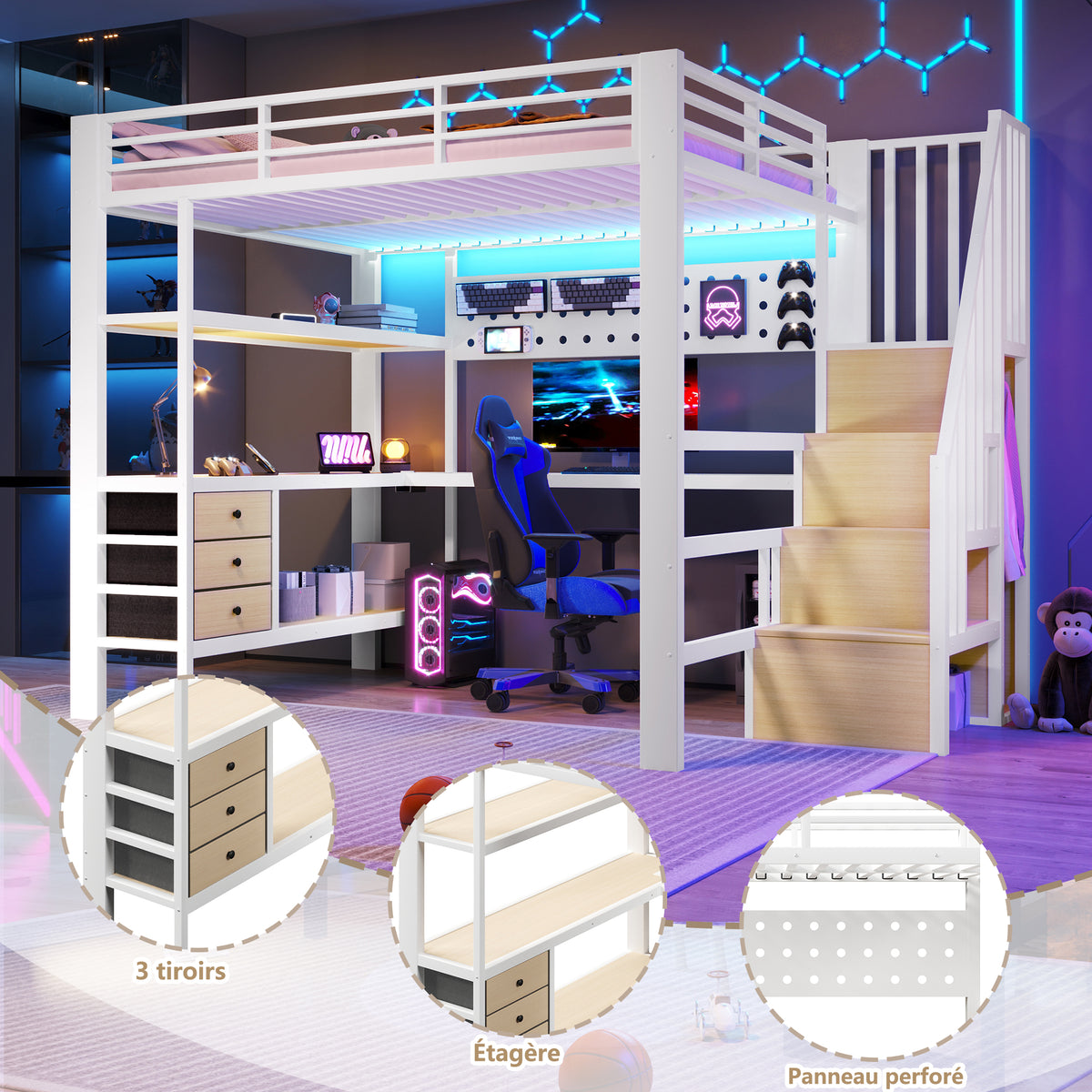 Loft Bed 140x200cm with Desk & Storage, White Metal