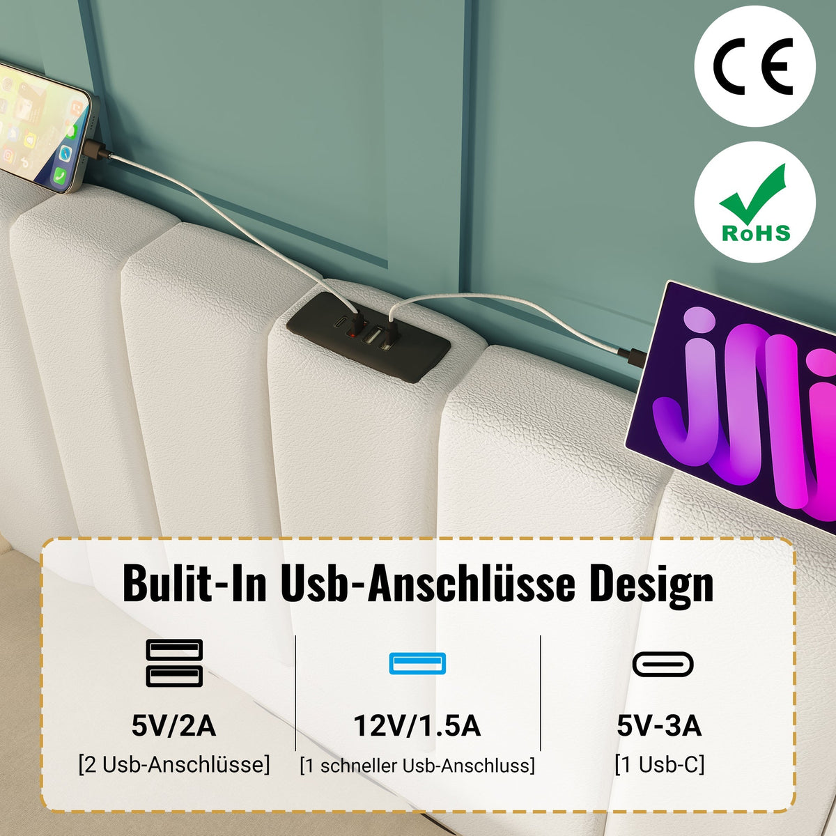 Upholstered Bed 180x200 Double Storage with App Control LED & USB-C Charging, PU White