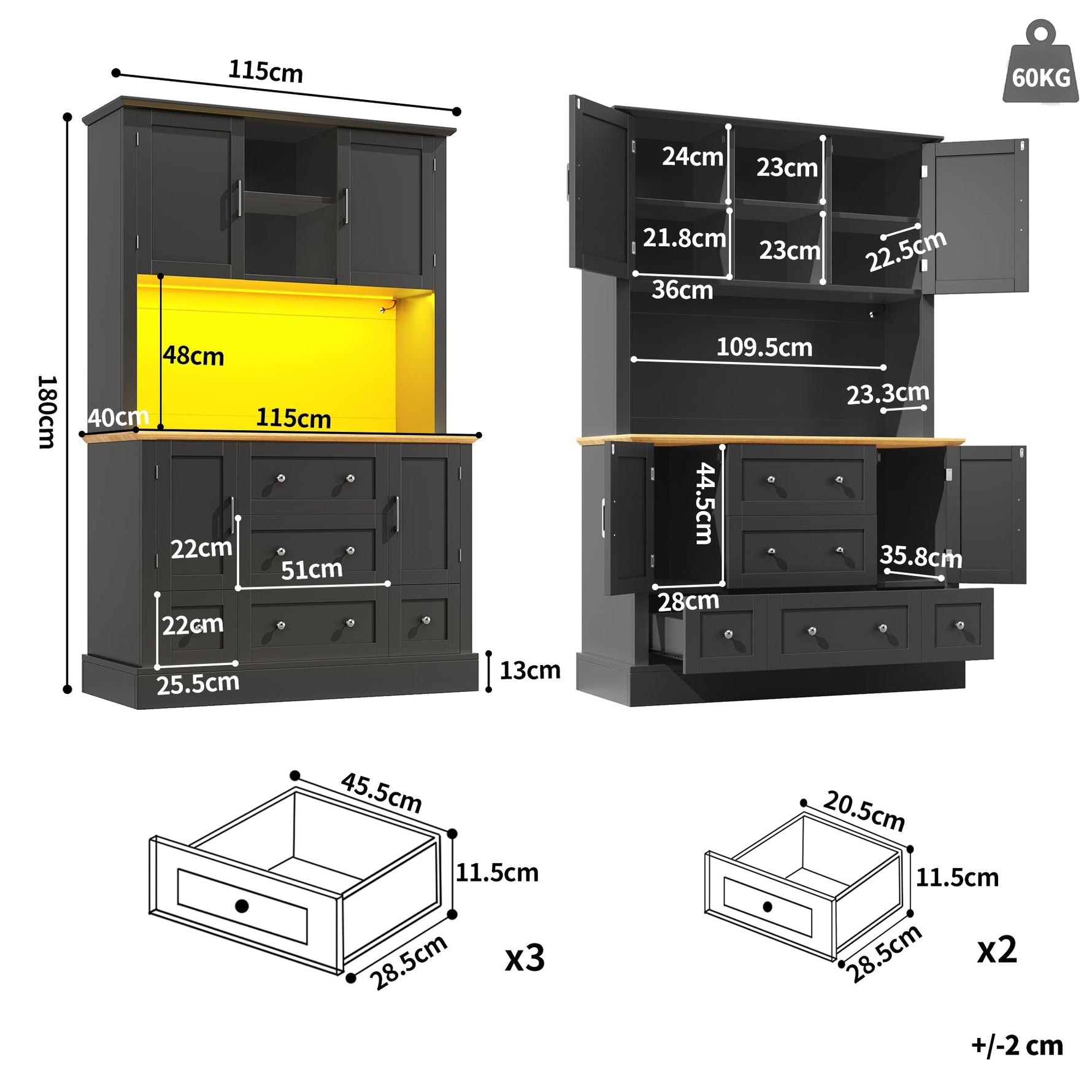Tall Cabinet 115x180cm with LED App Control & Music, 4 Doors 5 Drawers Display Storage, Black