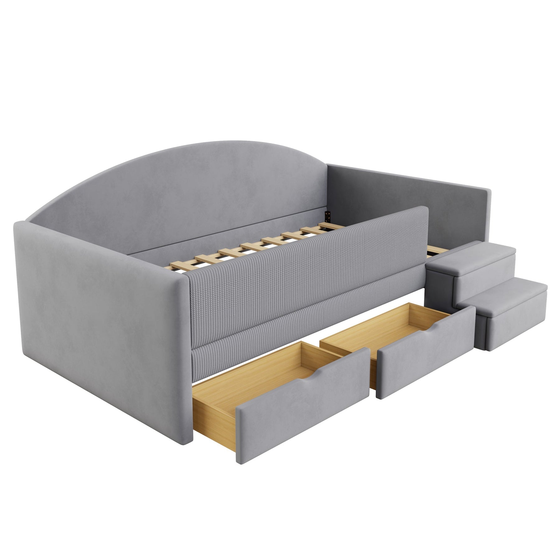 Multifunctional Upholstered Sofa Bed with Two Drawers, Railings and Steps, 90x190cm, Light Grey Velvet