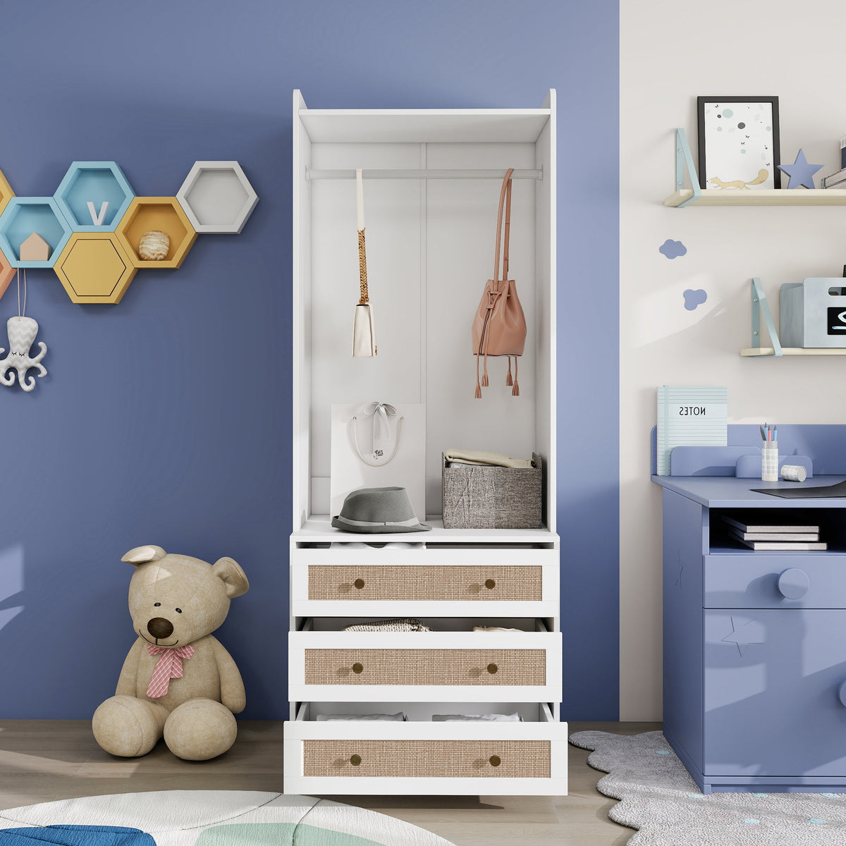 Wardrobe, Three Drawers, Boho-Style, 180cm Height, White