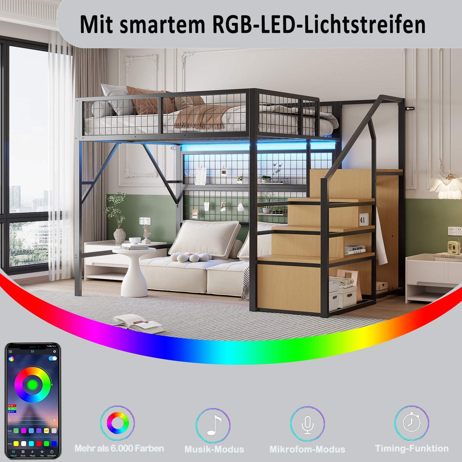 Metal Loft Bed 140x200 LED Lights Storage Open Wardrobe, Black