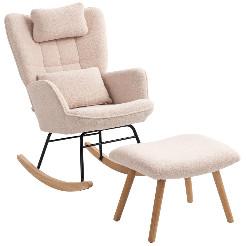 Rocking Chair & Footstool, High Back, Soft Fleece, Wooden Legs, Beige