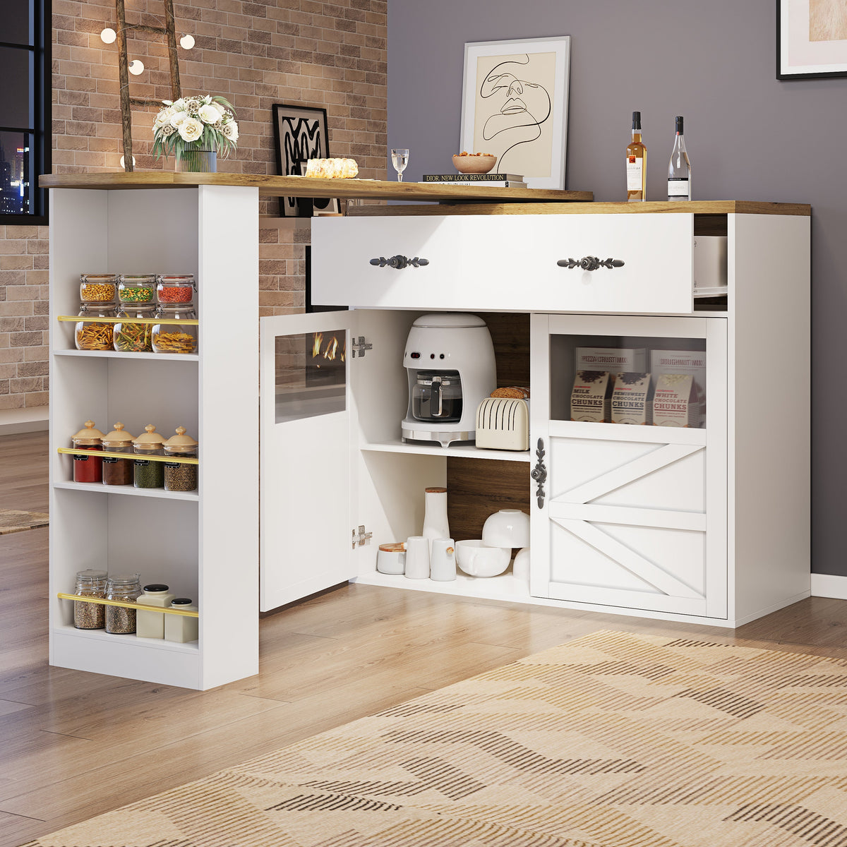 Extendable Bar Table 360° Rotating Storage Shelves - White