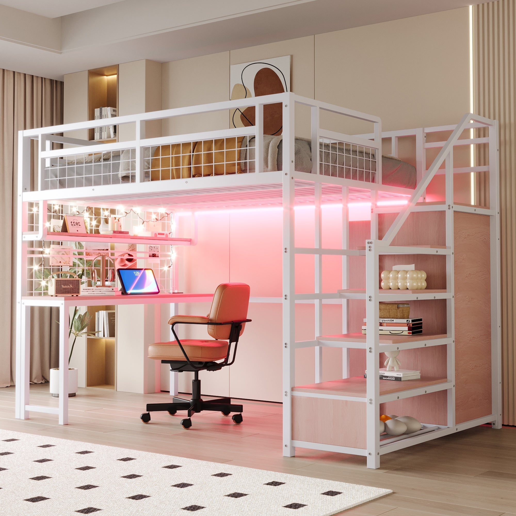 Metal Loft Bed with Storage Ladder, Wardrobe, Table and LED, 140x200cm, White Metal