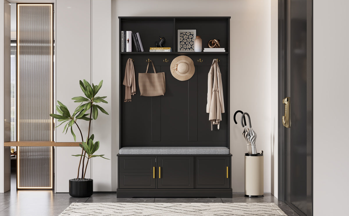 Coat rack with shoe bench wardrobe, 6 triple hooks, freestanding, space-saving, black