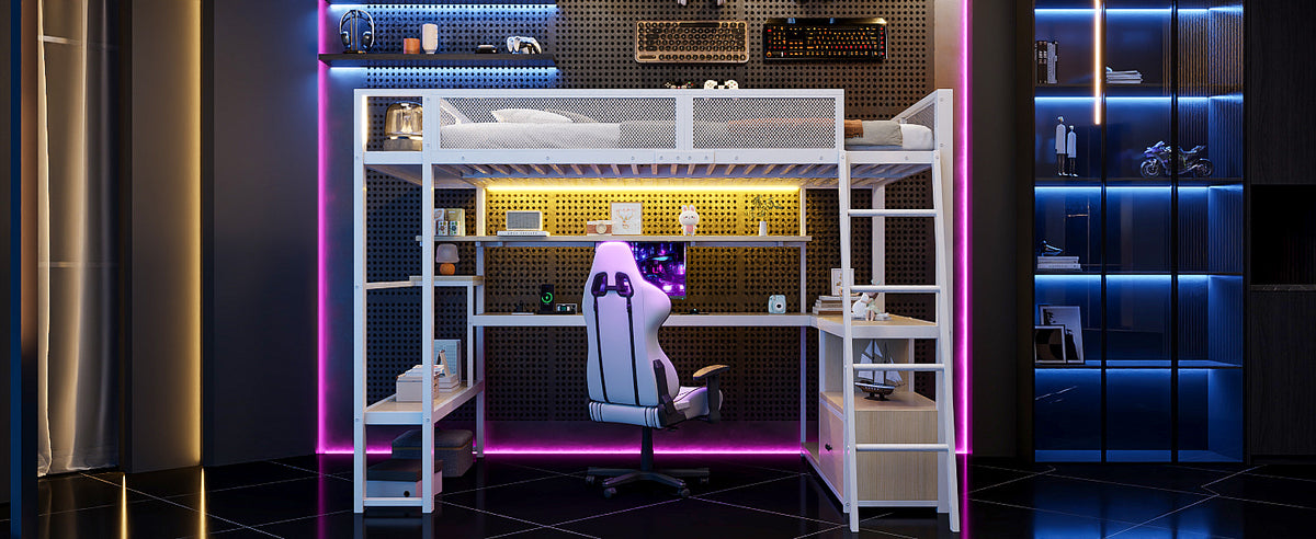 Gaming Loft Bed 140x200cm with Workspace & LED, White Metal