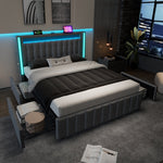 Upholstered Bed, USB Type C, LED, 4-Drawer, 140x200cm, Gray