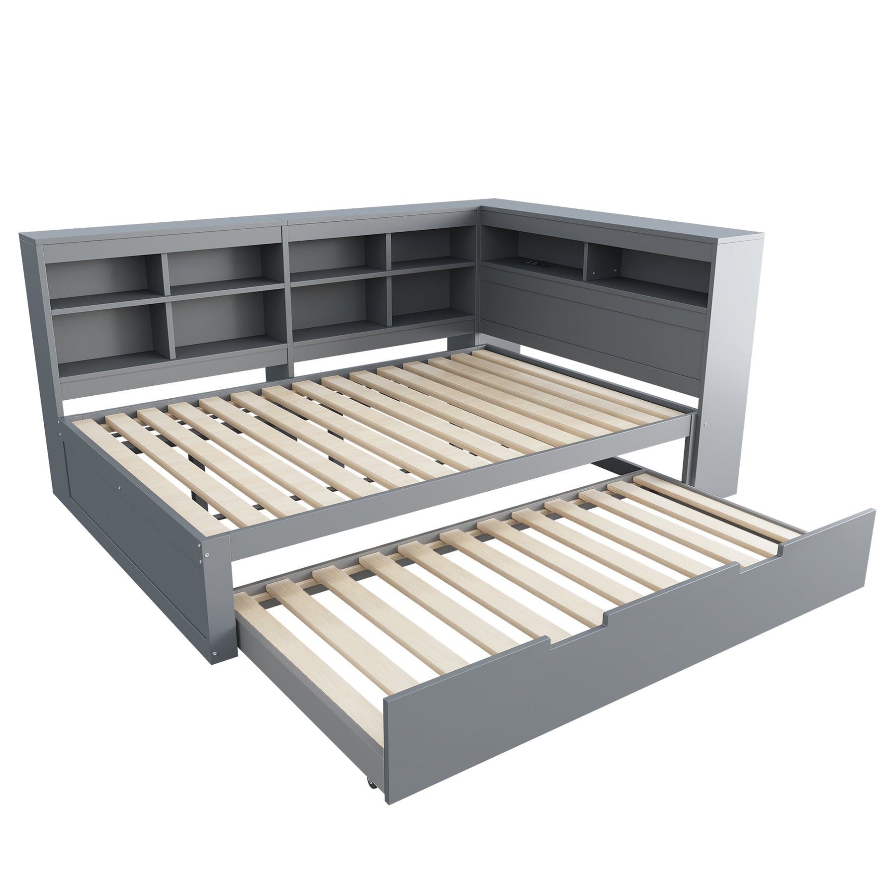 Sofa Bed 140x200 Pull-Out 90x190 with USB & Storage, Solid Wood, Gray