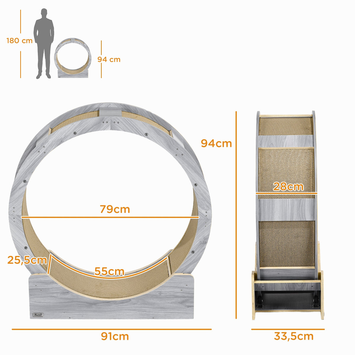 Cat Exercise Wheel, 91 cm, Brake & Scratching Board, Grey