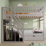 Bunk Bed, 90*200cm, High Safety Rail, Slatted Frame, Storage Ladder & Drawers, Solid Wood Grey