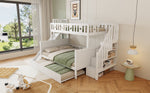 Children's Bed, Bunk with Slide, Shelf, Trundle & Slatted Frame, Solid Wood, White