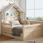 Wooden House Bed with Pull-out Bed, 3 Drawers and Safety Rails, 140x200cm, Cream