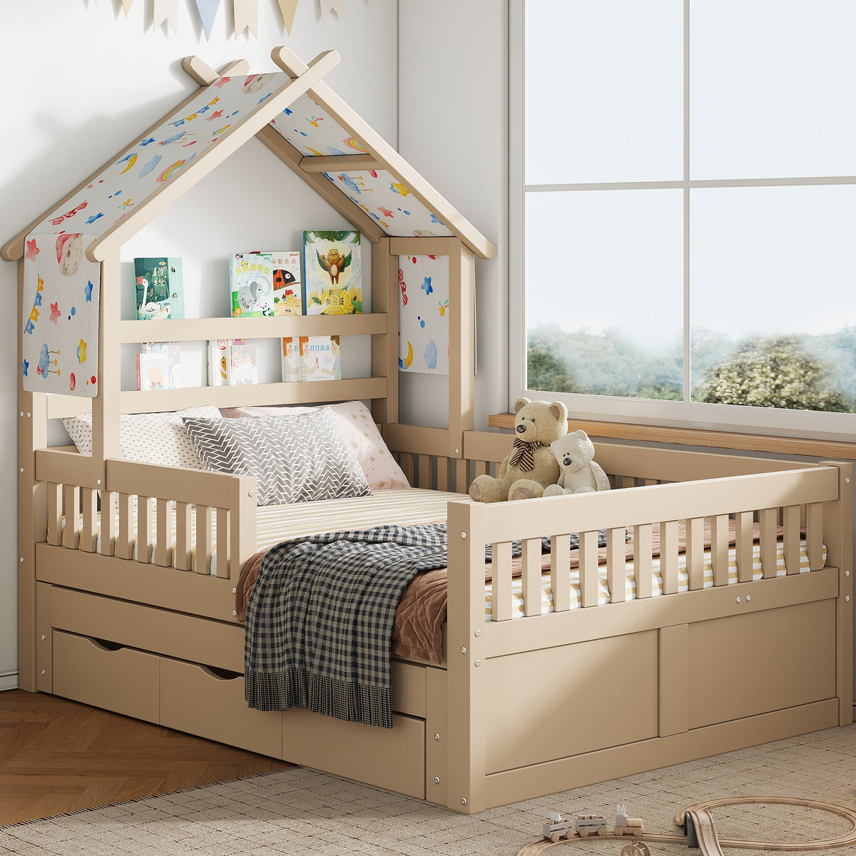 Wooden House Bed with Pull-out Bed, 3 Drawers and Safety Rails, 140x200cm, Cream