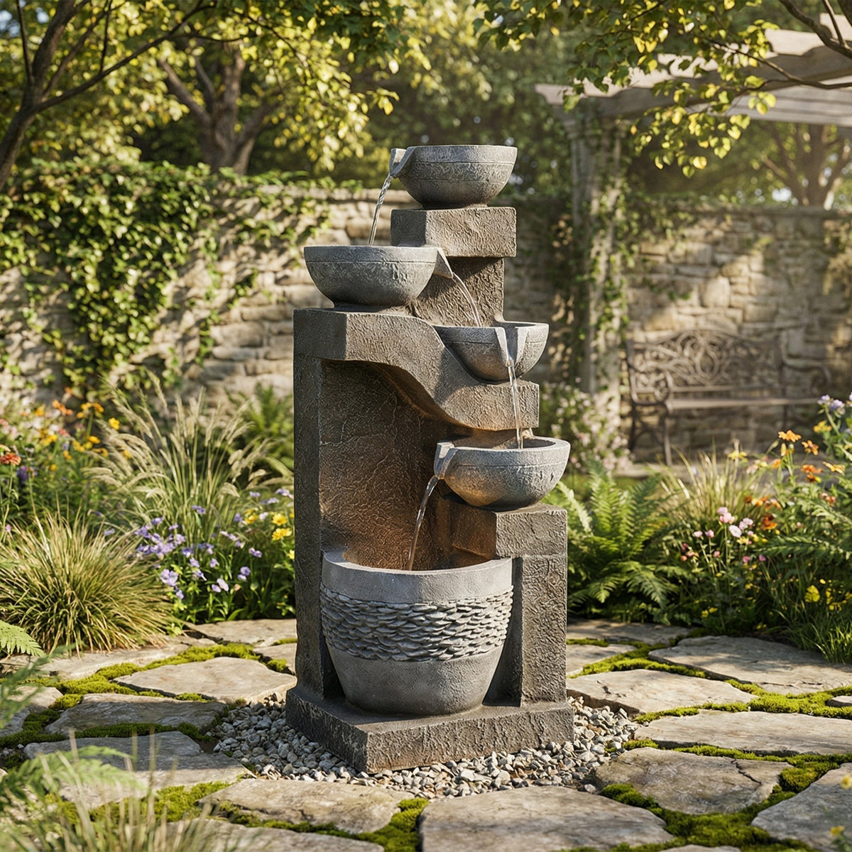Garden Fountain with LED Lighting and Water Pump, Artificial Stone, Grey