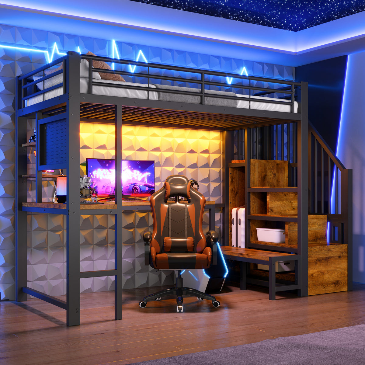 Loft Bed 90x200cm with Desk, LED Lighting & Storage, Black