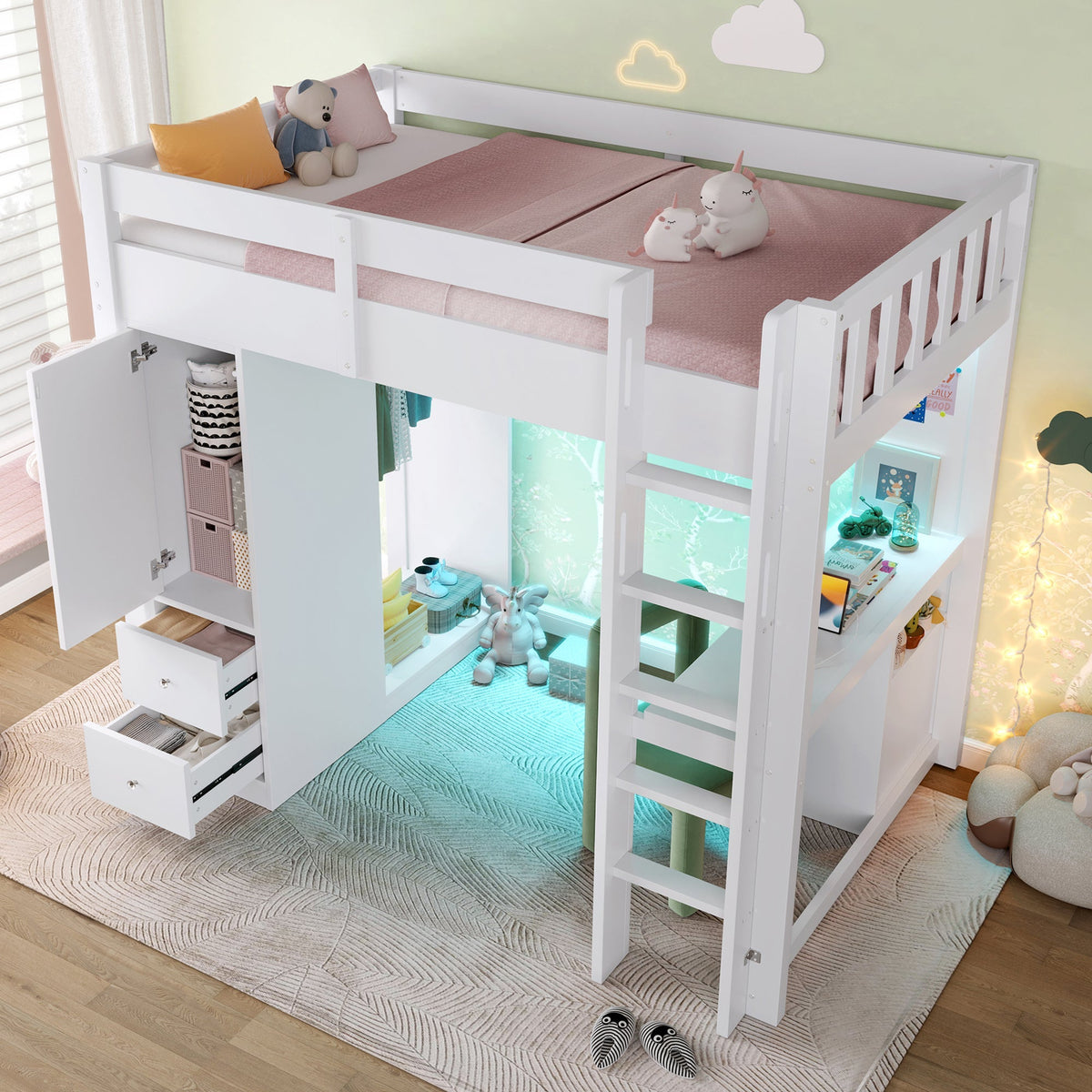 Loft Bed with Desk, Wardrobe, 4 Drawers, LED and USB, 90x200cm, White