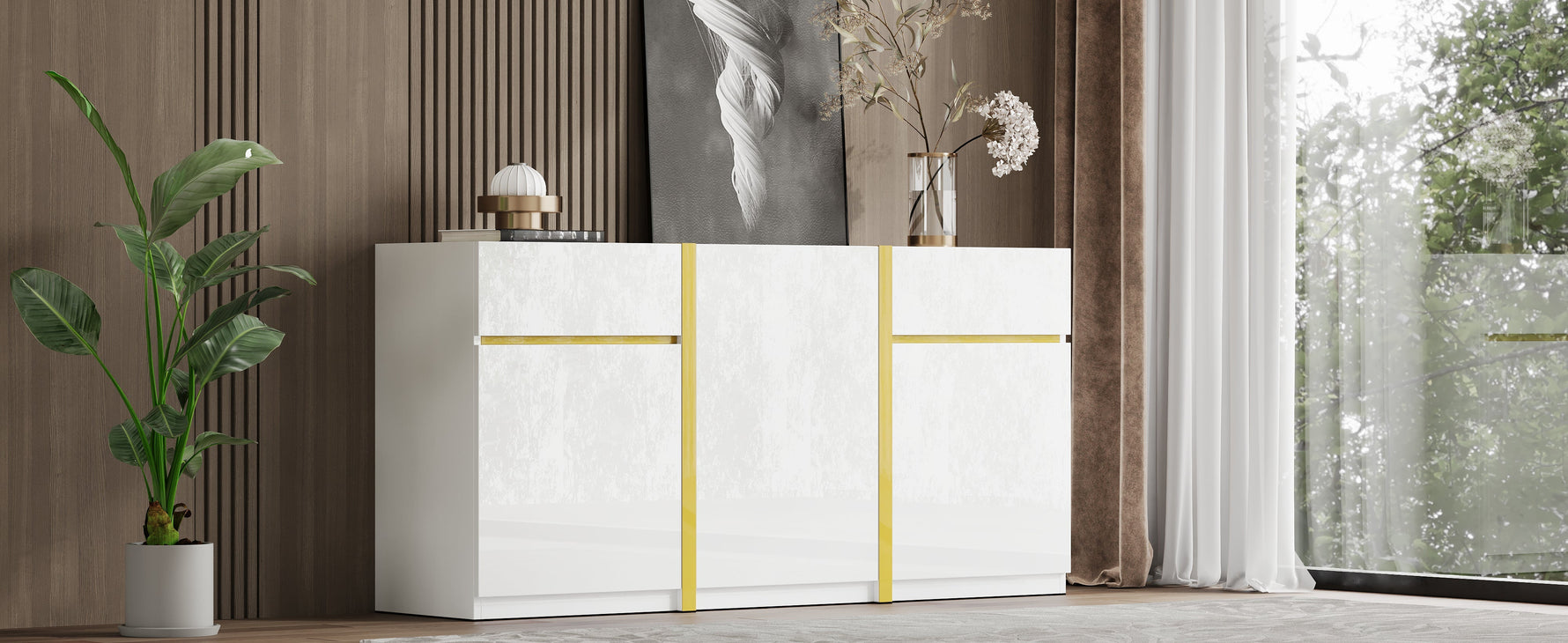 Luxurious Sideboard with 3 Doors and 2 Drawers, High-Gloss Lacquer Finish, White Wood