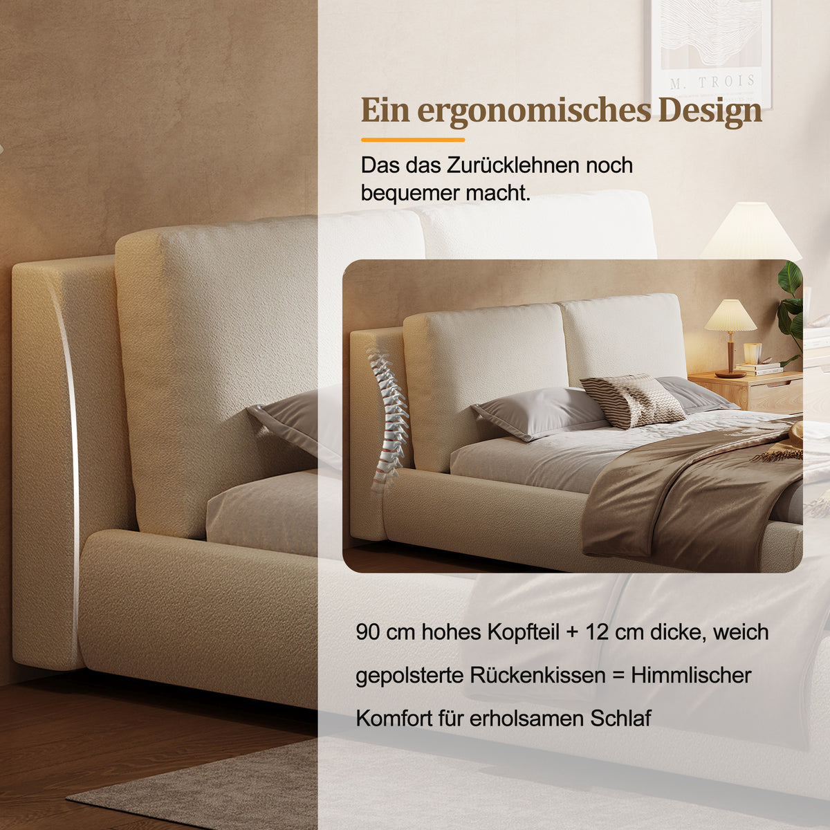Upholstered Double Bed 180x200cm with Slatted Base, Beige Bouclé