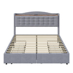 Upholstered Bed 140x200cm with USB & Storage, 4-Drawer, Linen Fabric Gray