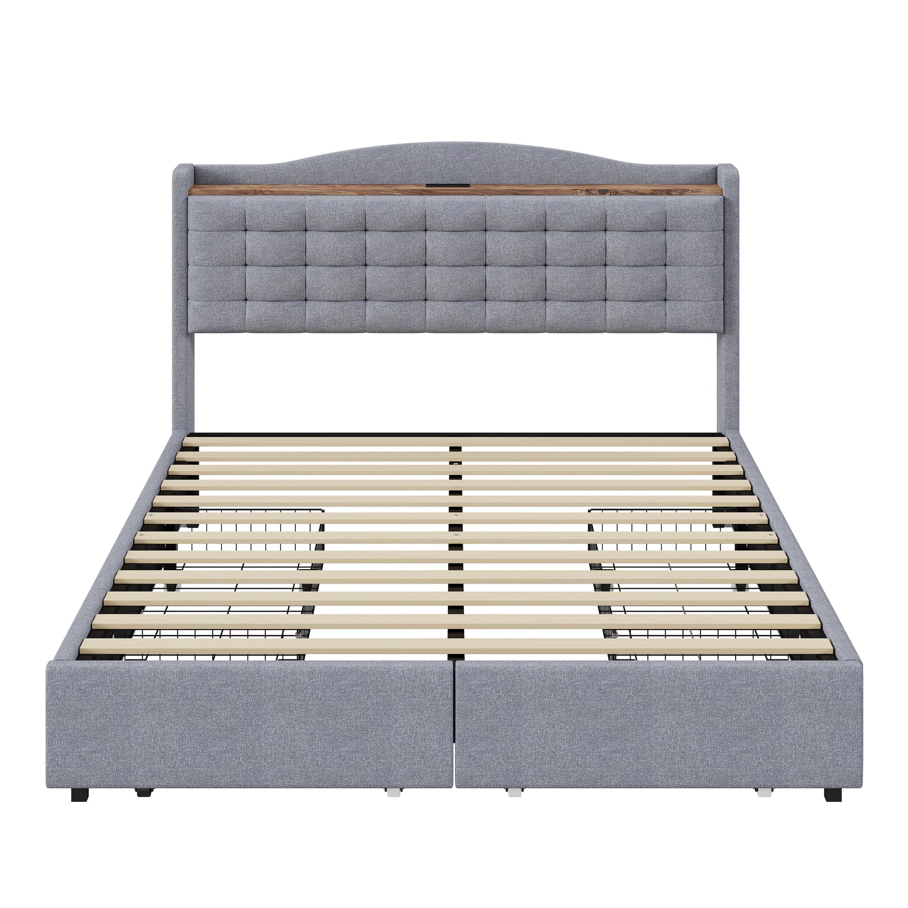 Upholstered Bed 140x200cm with USB & Storage, 4-Drawer, Linen Fabric Gray