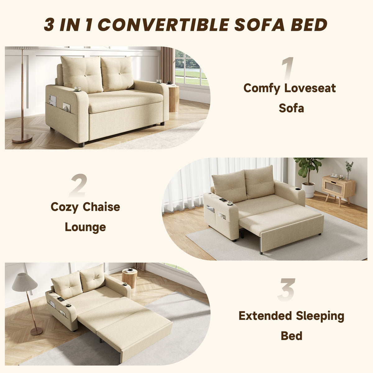 3-in-1 Sleeper Sofa with Pull-Out Bed, Cup Holder, USB Port and Side Pockets, Beige Cotton Linen