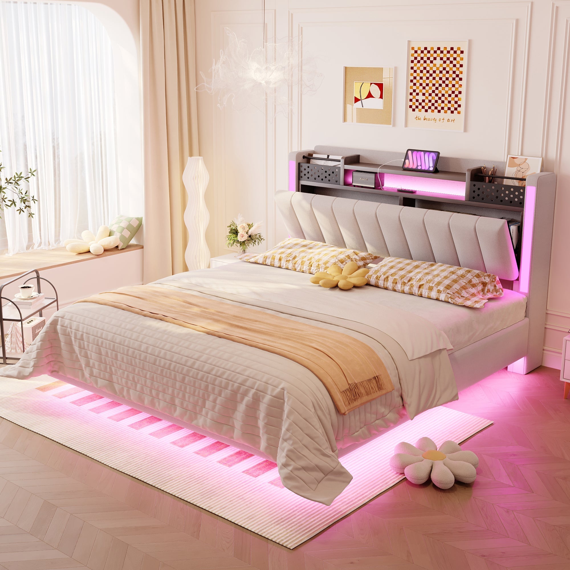 Upholstered Bed 140*200, LED, USB, Storage Headboard, Floating Design, Linen Beige