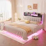 Upholstered Bed 140*200, LED, USB, Storage Headboard, Floating Design, Linen Beige