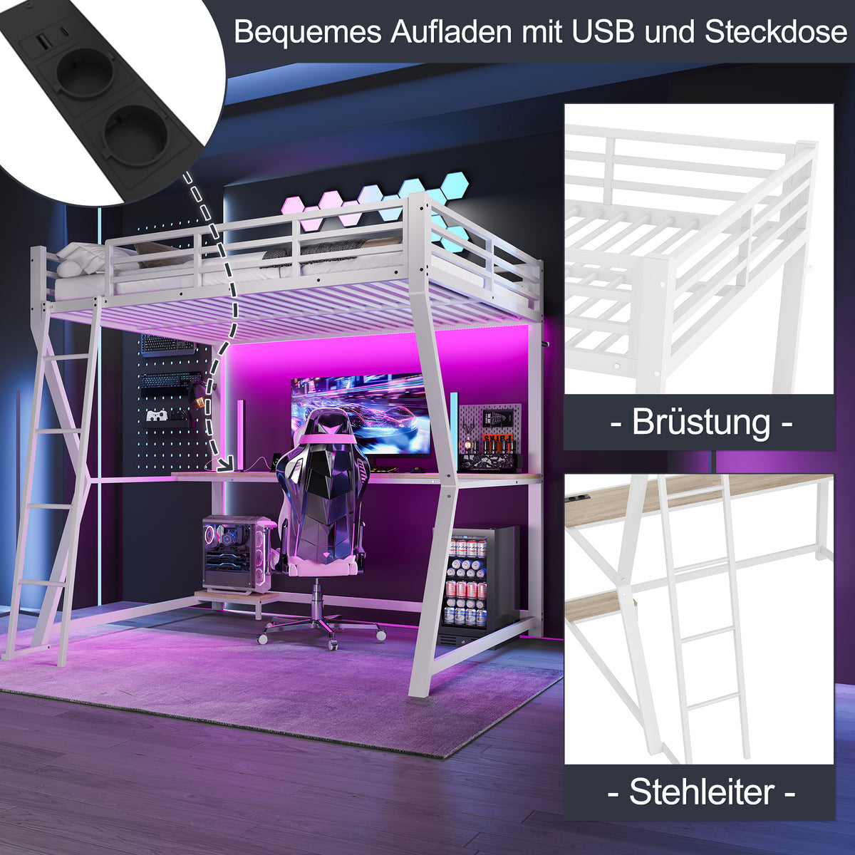 Loft Bed 140x200cm with Desk, LED Lights & USB, White