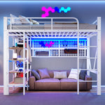 Loft Bed with Storage Compartment, LED Light Strip and Clothes Rail, White Iron Frame