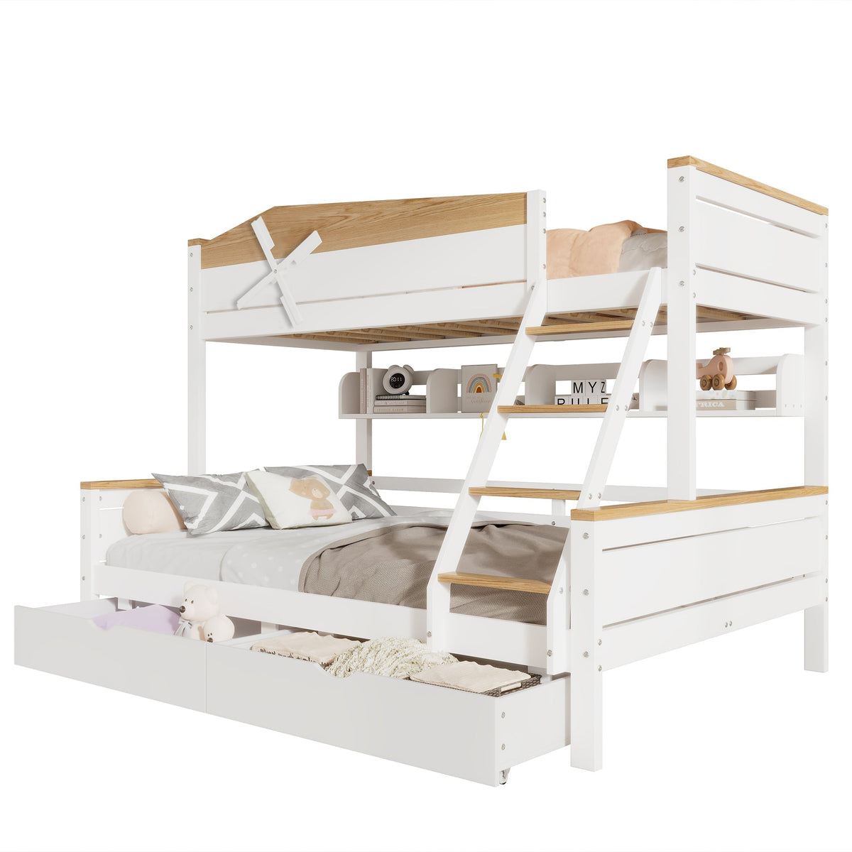 Bunk Bed with Windmill, Shelves & Drawers, Pine + MDF, White + Natural