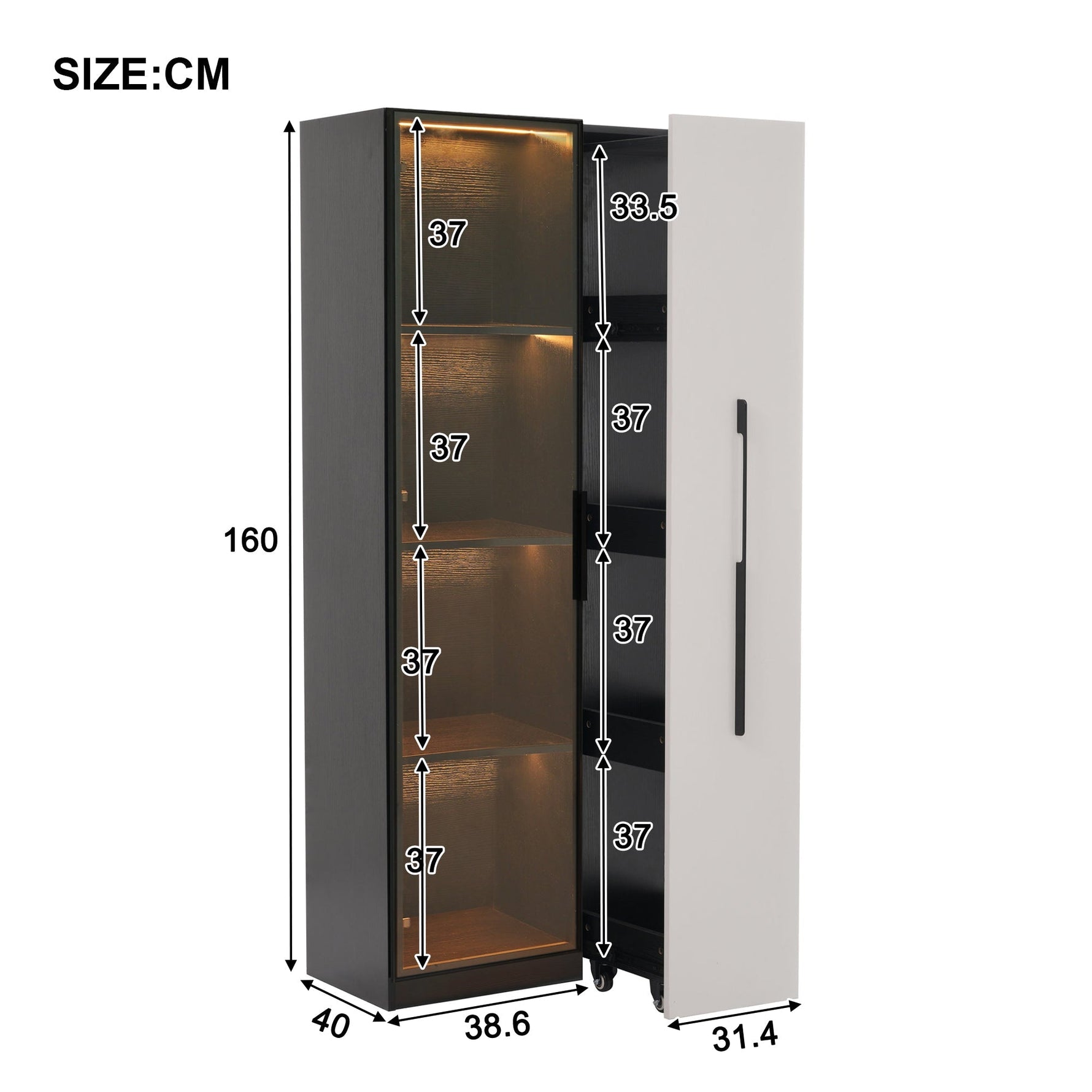 Multifunctional Cabinet with Glass Door, LED Lighting and Side Drawer, Black MDF
