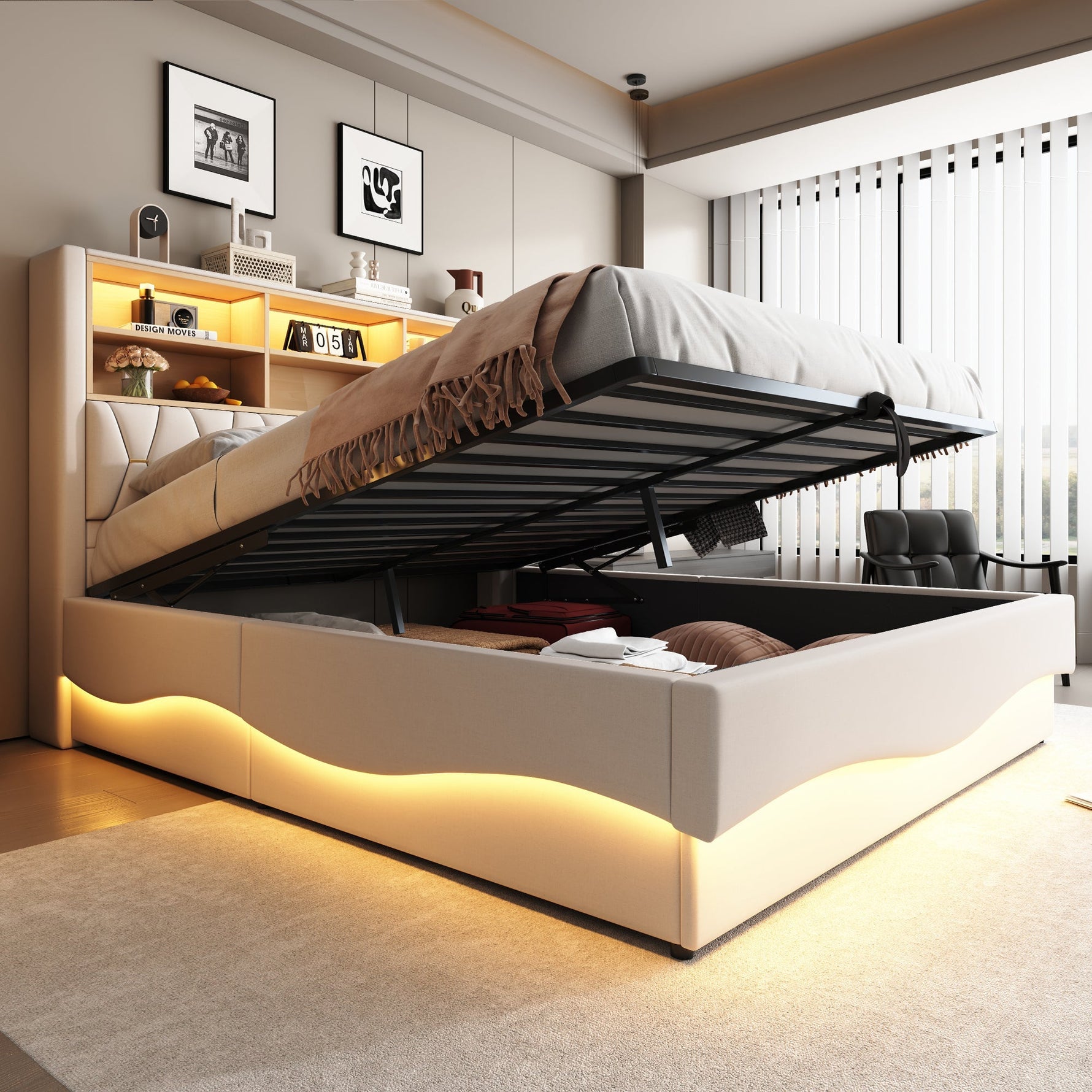 Upholstered Bed 180x200 Hydraulic Storage LED/USB Linen Beige