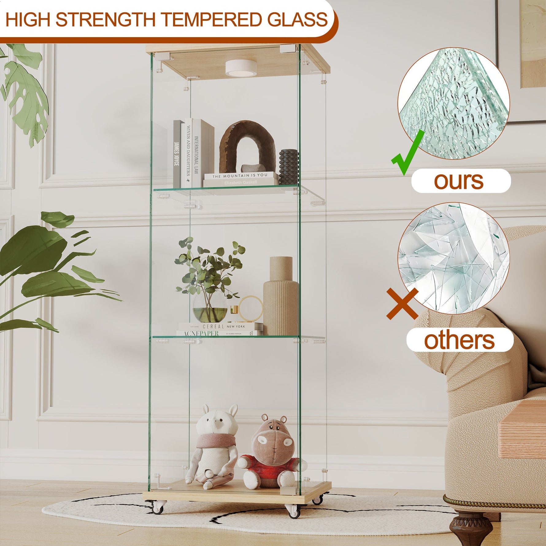 Display Cabinet Modern LED Tempered Glass Single Door 3-Tier - Natural Wood Look
