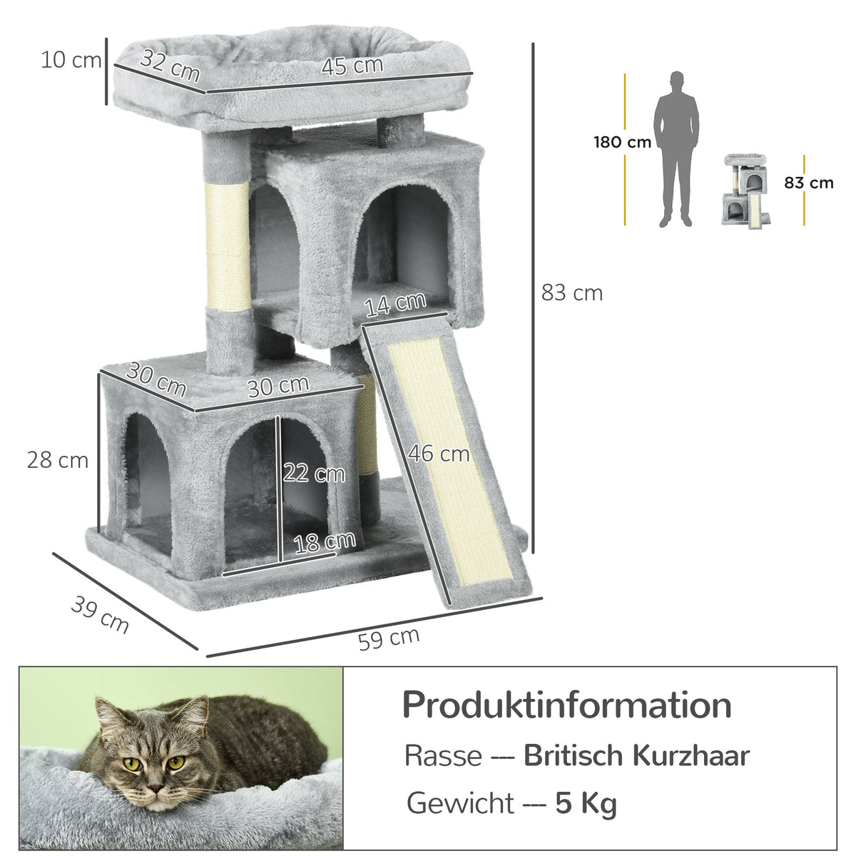 Cat Tree, Sisal Posts, Scratching Board, Light Grey