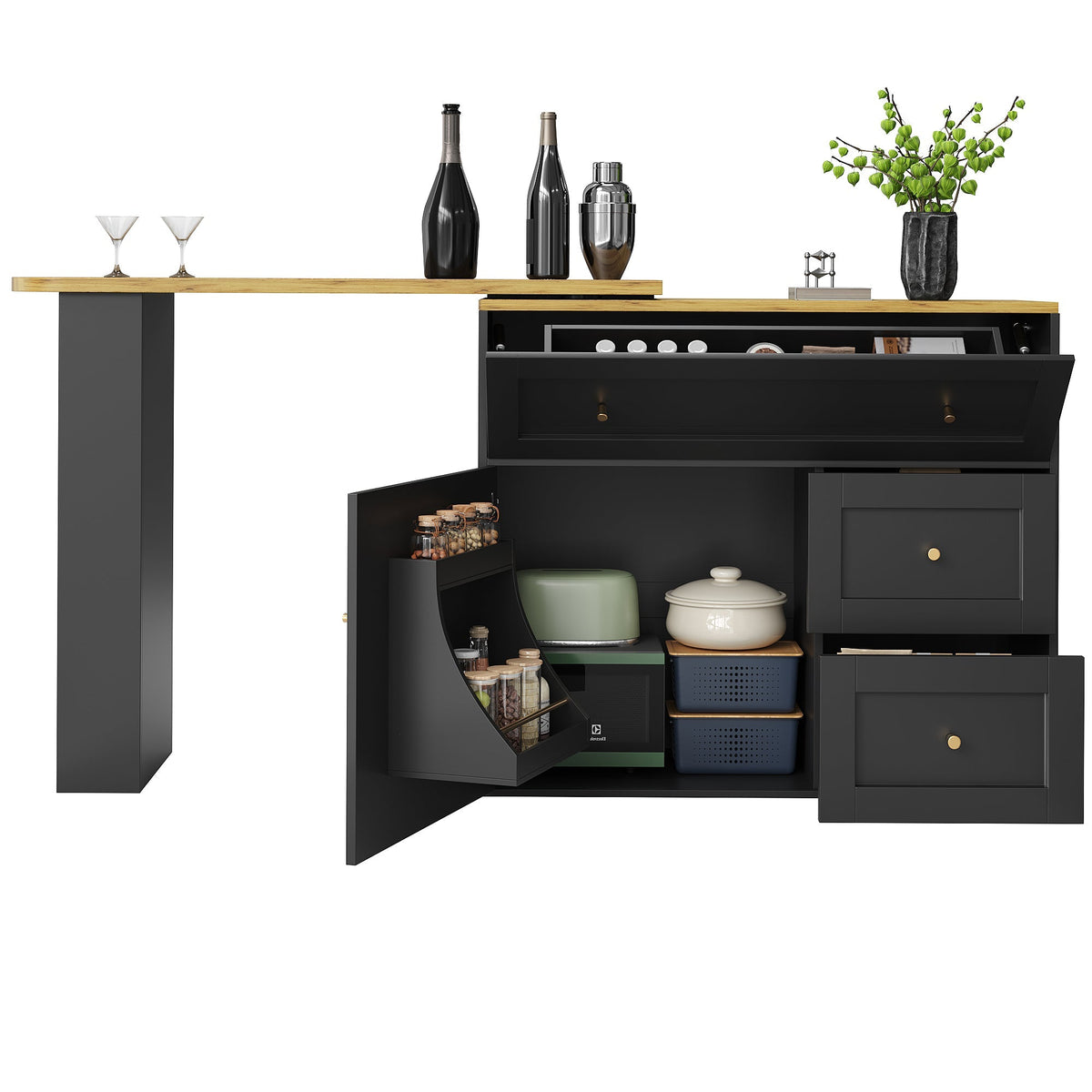 Extendable Bar Table with Storage and Snack Shelf, Black