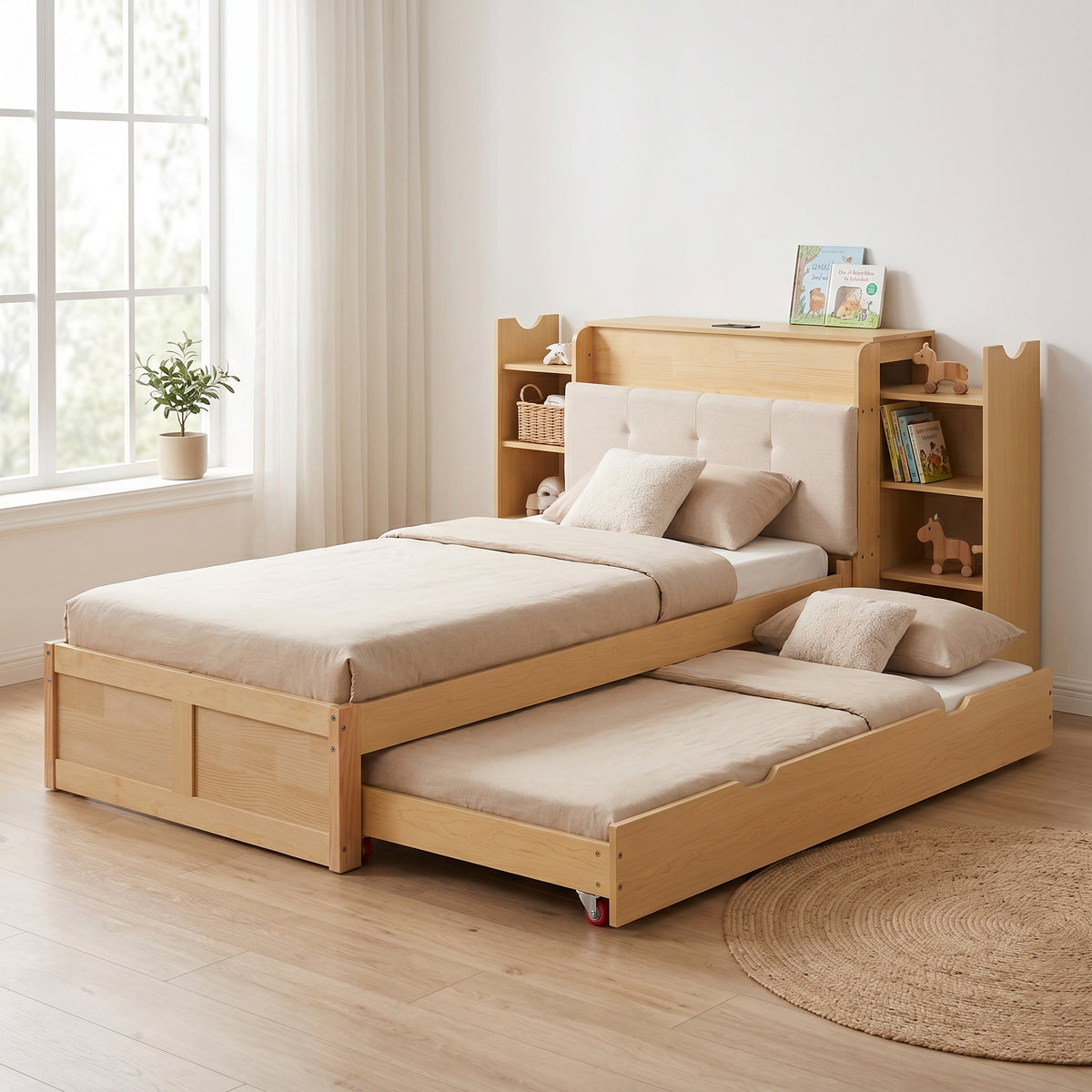 Upholstered Double Storage Bed 160x200 LED USB-C, Linen