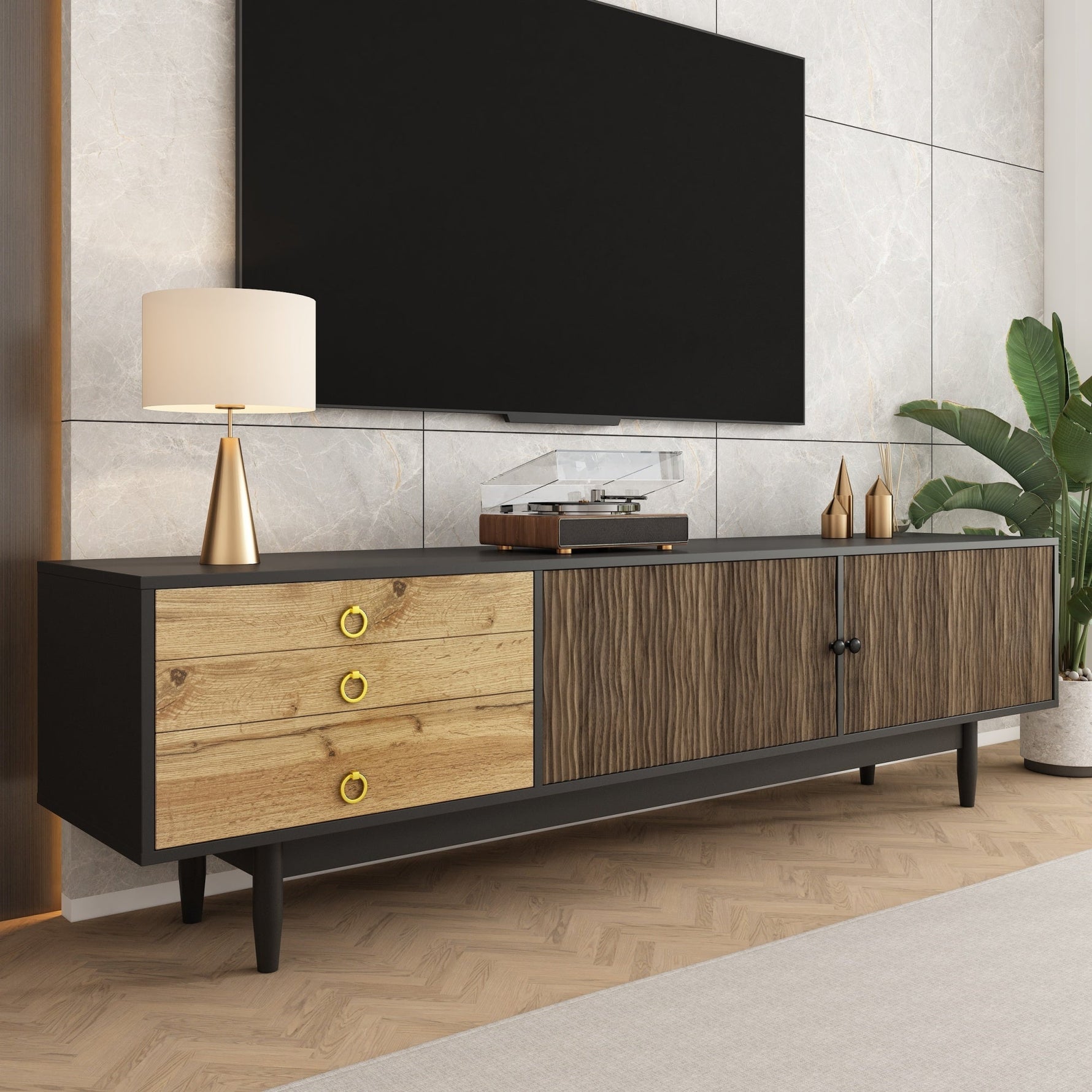 TV cabinet, water wave pattern, three drawers, wood and black
