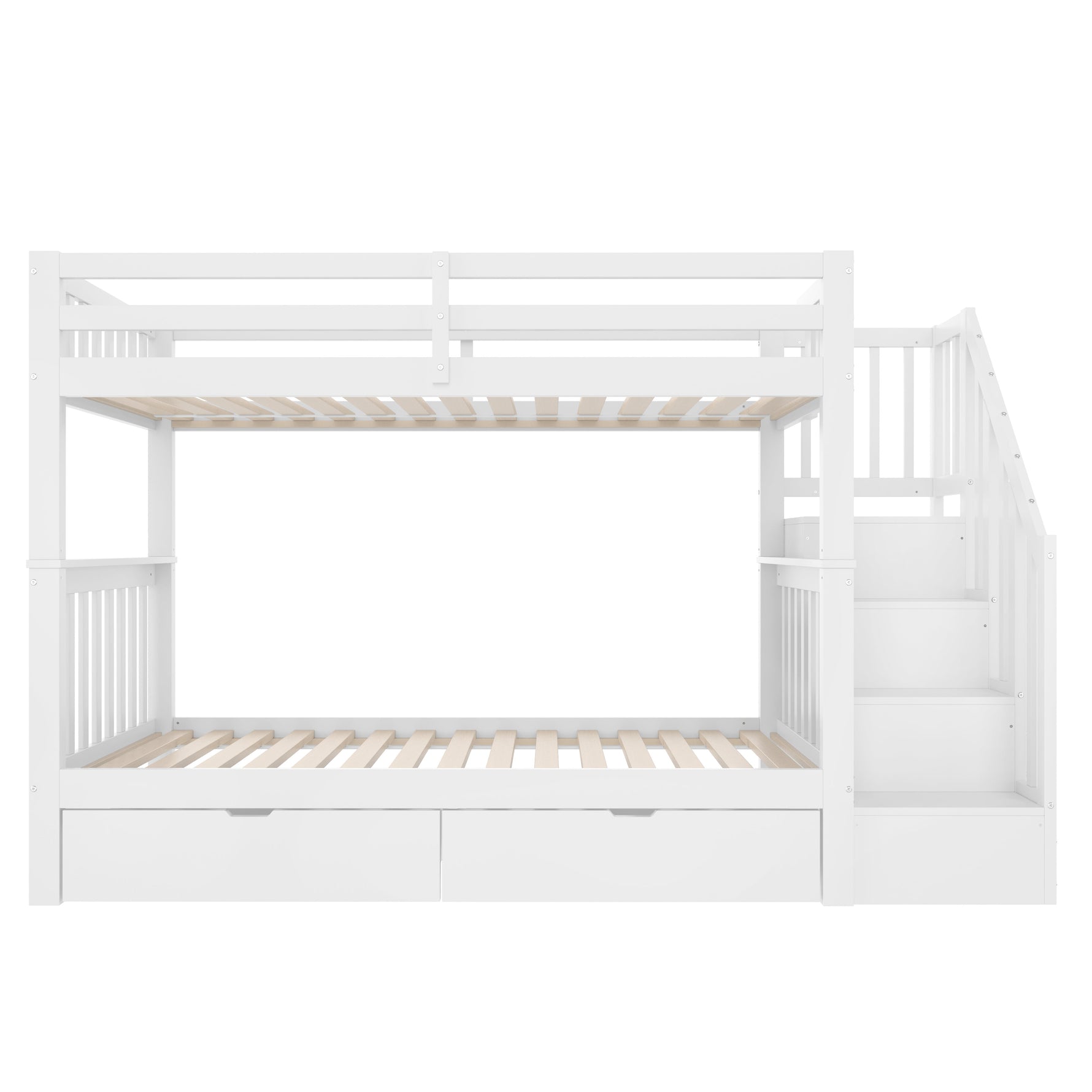 Bunk Bed with Stair Shelf and Two Storage Drawers, 90x200cm, White Pine Wood and MDF