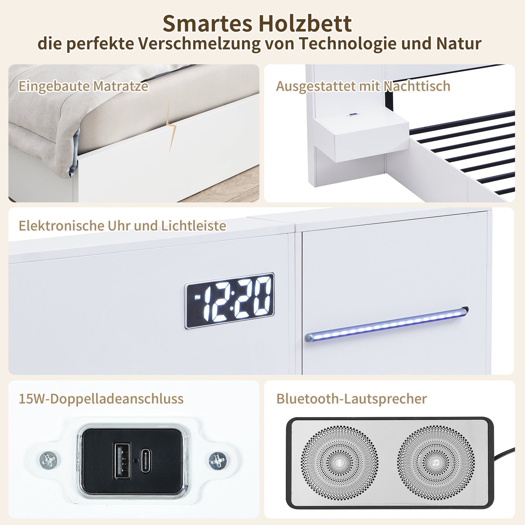 Double Bed with USB Port, Bluetooth Speaker, LED and 2 Bedside Tables, 180x200cm, White Wood