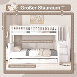 Bunk Bed with Rolling Container, Slatted Base and Storage Stairs, White Pine Wood