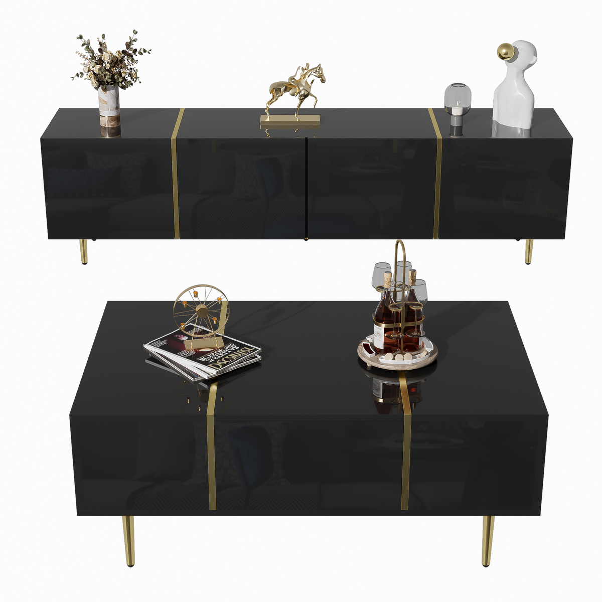 TV Cabinet and Coffee Table Set, High Gloss, Black