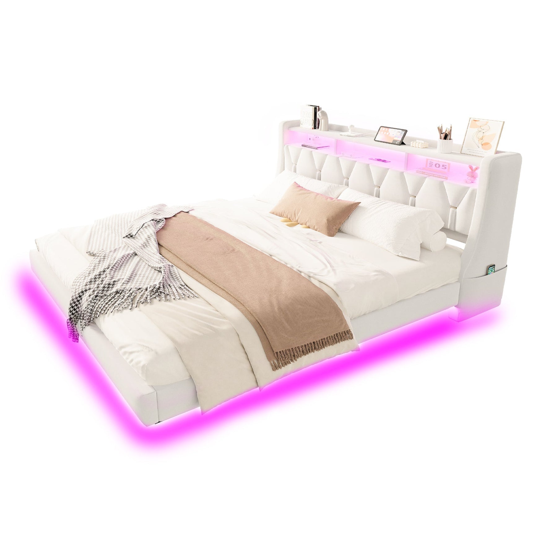Upholstered Bed 180 x 200 cm with Storage Headboard, Charging Station and LED Lighting, Beige Velvet Fabric