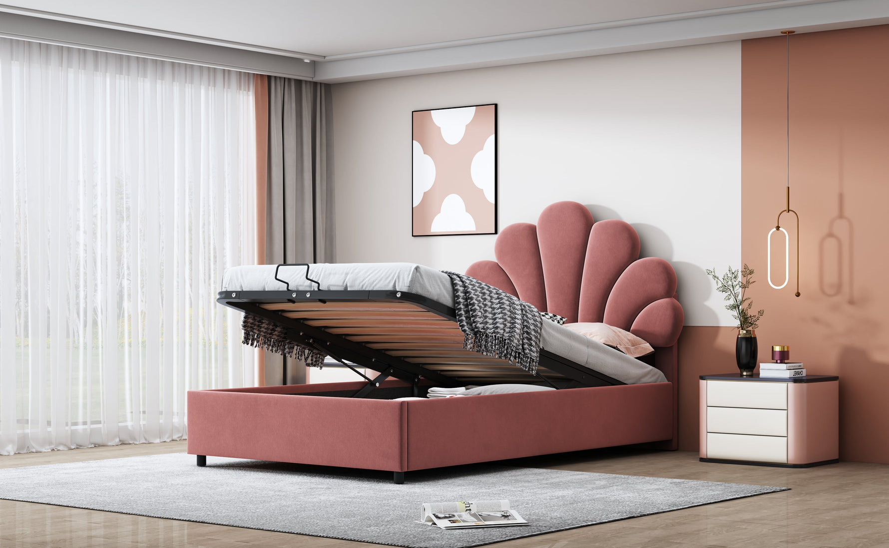 Upholstered Children's Bed 90x200cm Floral Headboard Hydraulic Storage Velvet Pink